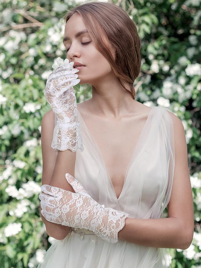 SATINIOR Ladies Lace Gloves for Women Tea Party Elegant Short Courtesy Gloves for Wedding Dinner Opera Parties