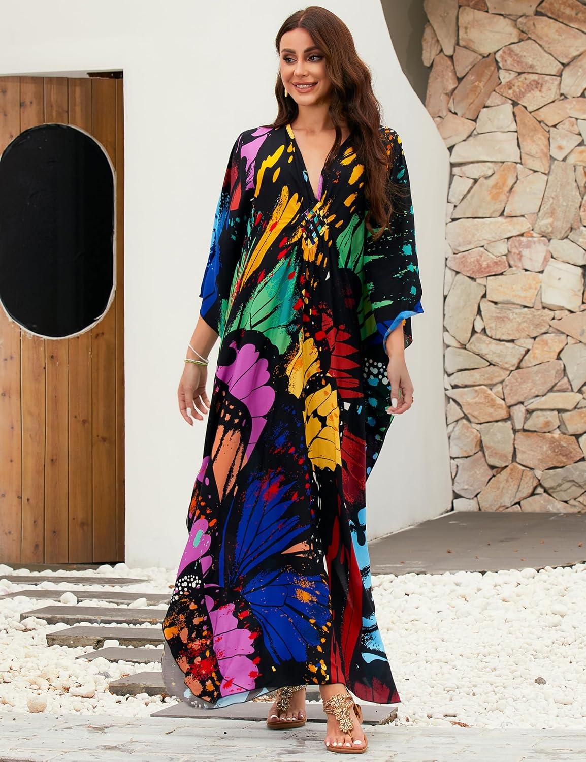 MAKABO Kaftan Dresses for Women V Neck Moo Moos Colorful Print Cover Ups | 100% Viscose Soft Skin Friendly, Breathable, Caftan Beach Dresses for Swimwear, Multi Pattern, Great Party Choice