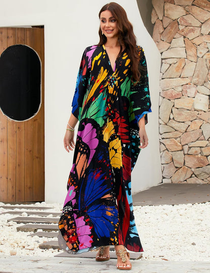 MAKABO Kaftan Dresses for Women V Neck Moo Moos Colorful Print Cover Ups | 100% Viscose Soft Skin Friendly, Breathable, Caftan Beach Dresses for Swimwear, Multi Pattern, Great Party Choice