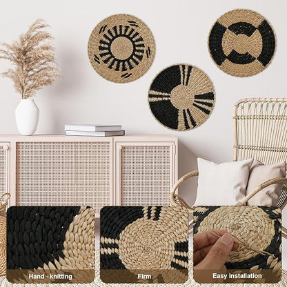 7 Pack Boho Wall Basket Decor, Hanging Woven Basket Wall Decor, Handmade Seagrass Rattan Wicker Wall Decoration, Round Rustic Bohemian Flat Seagrass Baskets for Home Living Room
