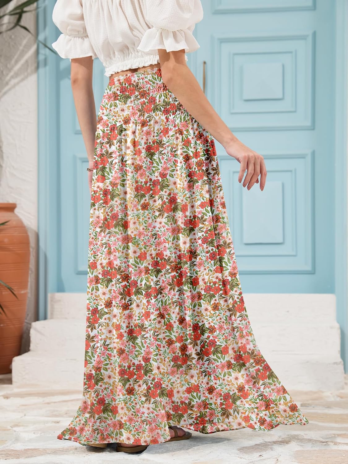 Red Hibiscus floral, LiCot Womens Maxi Skirt Smocked Boho Flowy Casual Long Skirts