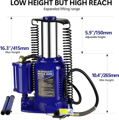 HomVent Pneumatic Air Hydraulic Bottle Jack, 32 Ton Car Bottle Jack Hydraulic with 10.4-16.3 Inch Lifting Range and 2-Section Long Handle for Car, Pickup Truck, Truck, RV, Auto Repair (Blue, 32 Ton)