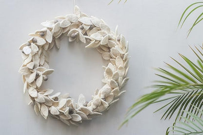 DeKulture Handmade Premium Wool Felt Wreath (White) Eco Friendly Needle Felted Christmas Xmas Tree Decoration for Home Office Party Holiday Dcor, 13" (D) Inches