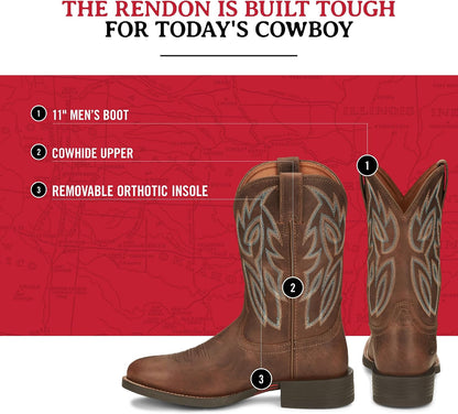 Justin Rendon 11" Western Boot - Men's Round Toe, Cowhide, Removable Orthotic Insole, Slip-Resistant Rubber Outsole