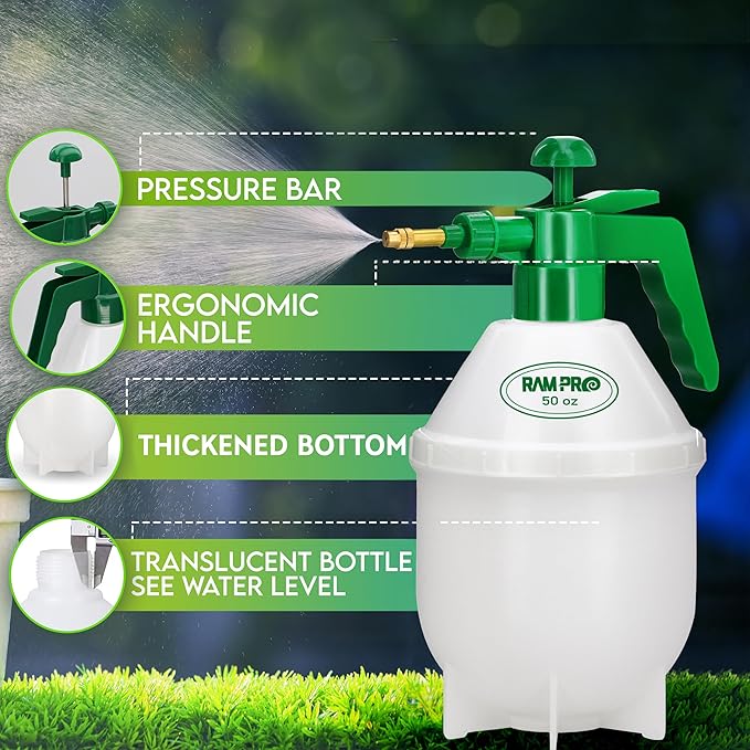 Garden Pump Sprayer, Handheld Bottle Mist Water Sprayer, Hand Pressure Home Cleaning Plant Lawn Sprayer w/Safety Valve & Adjustable Bronze Nozzle, 1.5 Liter/.4 Gallon/50Ounces –by Rampro