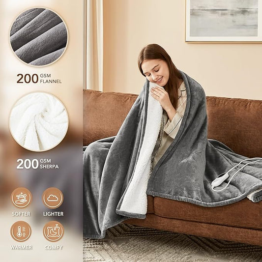 Homemate Heated Blanket Electric Throw - 50"x60" Heating Blanket Throw 12468 Hours Auto-off 10 Heat Level Heat Blanket Over-heat Protection Flannel Sherpa Heater Blanket Electric ETL Certification