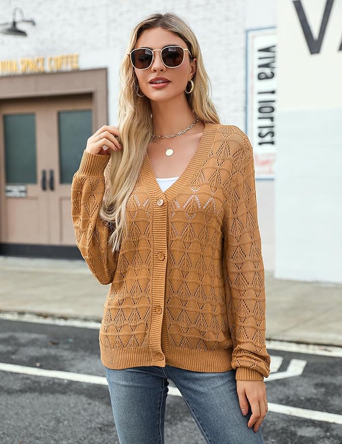 Zeagoo Women's Lightweight Crochet Cropped Cardigan 2024 V Neck Long Sleeve Button up Bolero Shrug Sweater