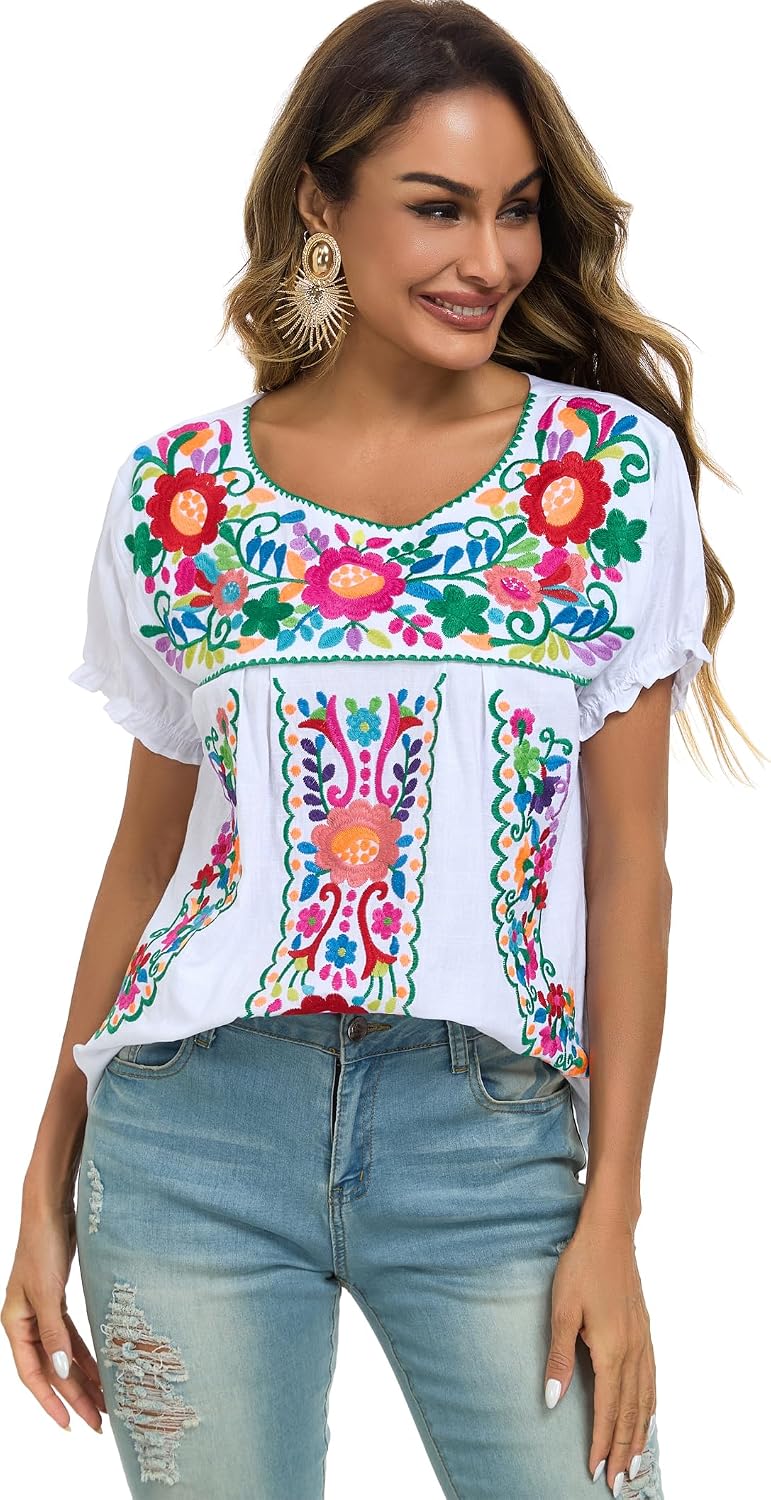 YZXDORWJ Embroidered Mexican Top for Women Peasant Blouse Mexico Summer Shirt Short Sleeve