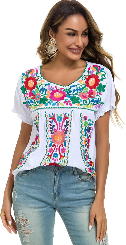 YZXDORWJ Embroidered Mexican Top for Women Peasant Blouse Mexico Summer Shirt Short Sleeve