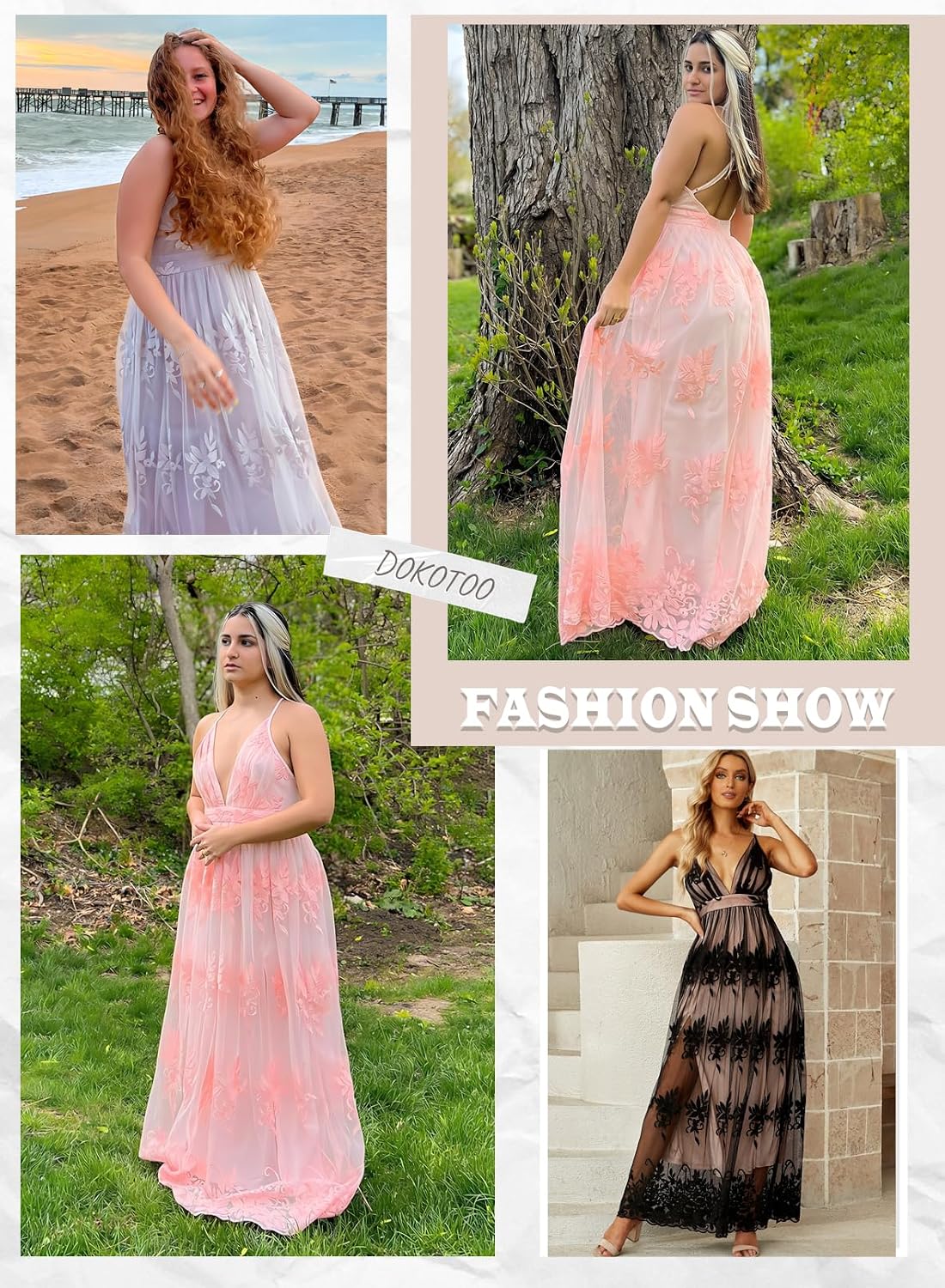 Cream Color With Pink Flowers Dokotoo Womens Formal Dresses Deep V-Neck Embroidered Lace Mesh Evening Party Prom Dress Long Wedding Dress