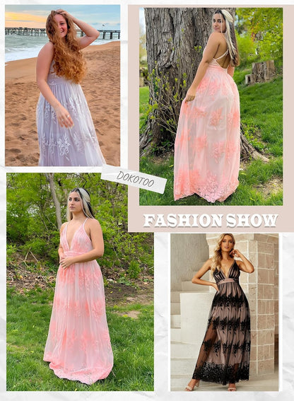 Cream Color With Pink Flowers Dokotoo Womens Formal Dresses Deep V-Neck Embroidered Lace Mesh Evening Party Prom Dress Long Wedding Dress