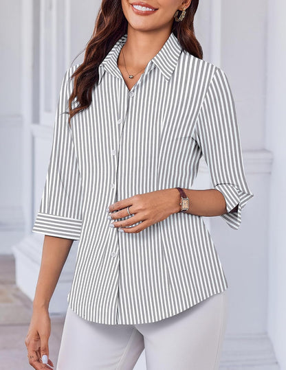 Women Button Down Shirts 3/4 Sleeve Basic Business Dress Shirt Slim Fitted Classic V Neck Button Up Work Blouse Tops