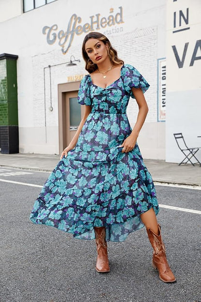Women Floral Maxi Dress Short Puff Sleeve V Neck Bohemian Flowy Dress Smocked Casual Spring Summer Dresses