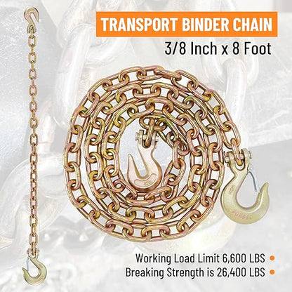 3/8" Binder Chain with Clevis Grab Hooks, 8 FT Trailer Safety Chain, Grade 70 Standard Duty Transport Tow Chain 6,600 Pound Safe Working Load
