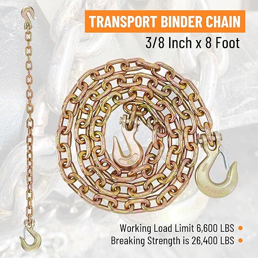3/8" Binder Chain with Clevis Grab Hooks, 8 FT Trailer Safety Chain, Grade 70 Standard Duty Transport Tow Chain 6,600 Pound Safe Working Load