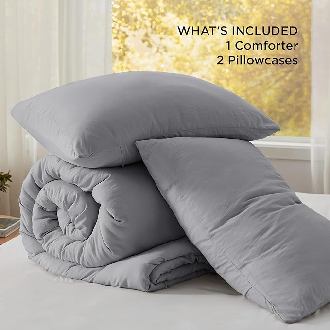 Bedsure Queen Size Comforter Set, Grey Soft Prewashed Bedding for All Seasons, 3 Pieces GentleSoftN Warm Down Alternative Bed Set, 1 Lightweight Comforter (90"x90") and 2 Pillowcases (20"x26")