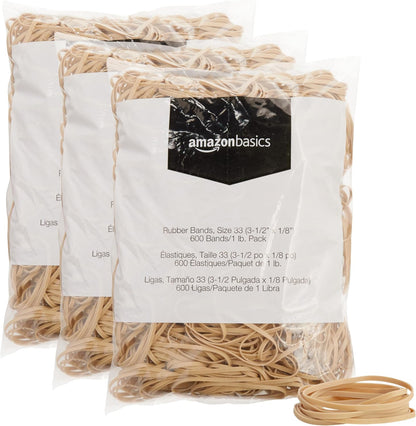 Basics Rubber Bands, Office Supplies, Size 33 (3-1/2 x 1/8 Inch), Stretchy, 600 Bands/1 lb Pack, 3-Pack, Tan