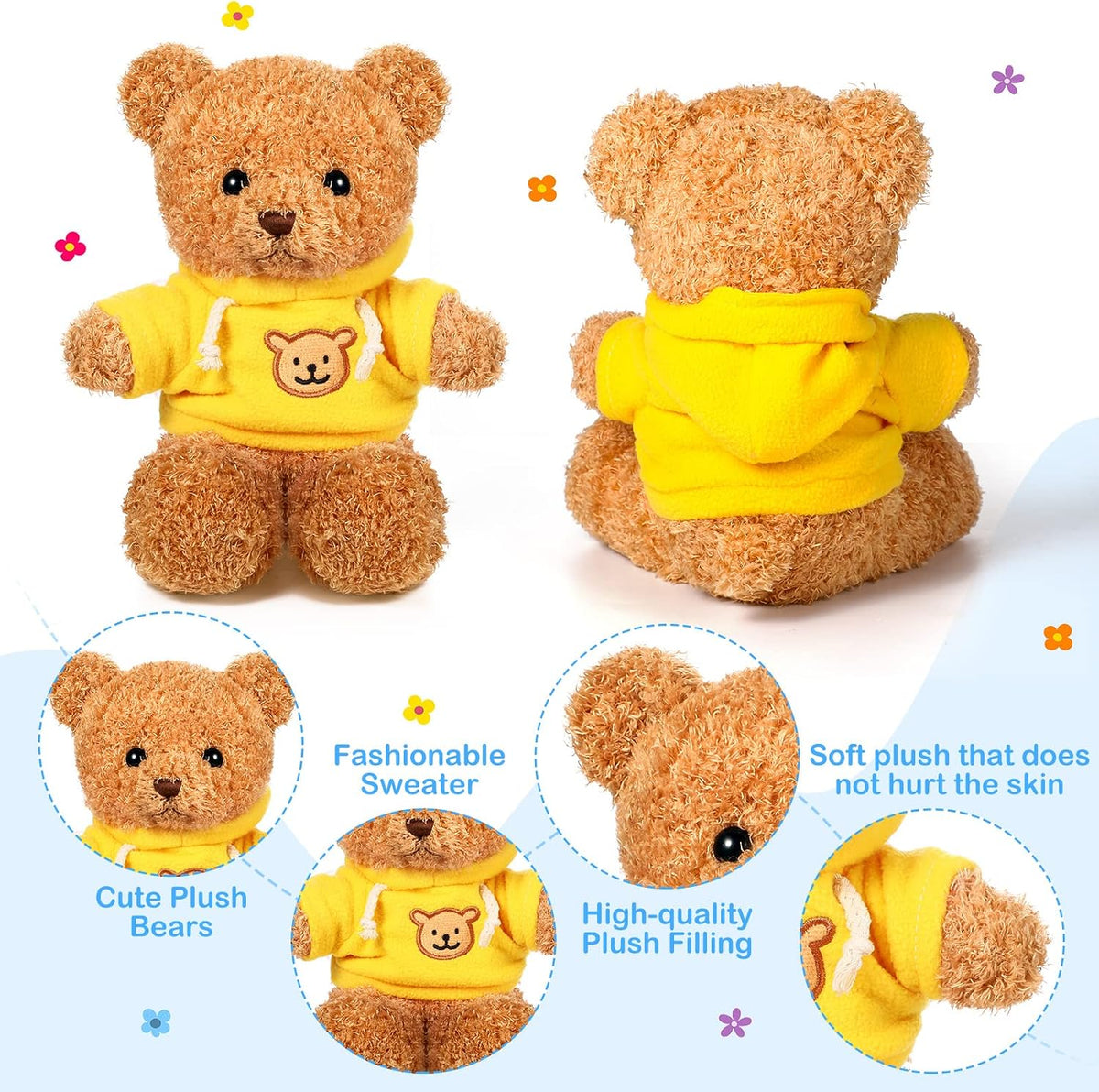 HyDren 4 Pcs Bears Stuffed Animal Soft Plush Toys Valentine 12 Inches Cute Small Shaggy Bear with Hoodie Bow Tie for Kids Boys Girls Baby Shower Birthday Party (Bow Tie Style,Light Brown)