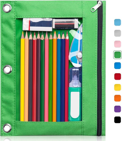 Forvencer 3 Ring Binder Pencil Pouch with Smooth Zipper, Clear Window Pencil Case, Big Capacity Pencil Bag with 3 Reinforced Grommets, Gree