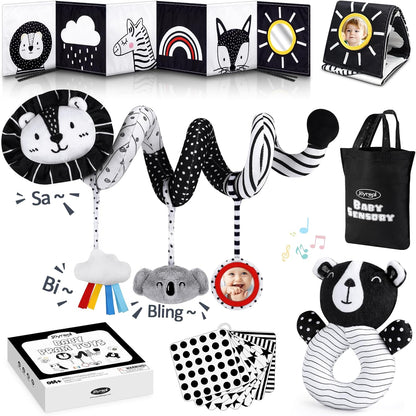 High Contrast Baby Toys for Newborn, Black and White Baby Sensory Toys with Car Seat Toys,Infant Toys with Black White Cards Book, Montessori Toys for Baby Gifts(Missing baby's vision & brain development )