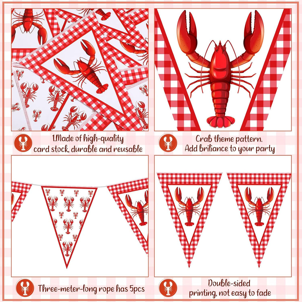 Boao 5 Pcs Crawfish Boil Party Decorations Crawfish Pennant Banner 49ft Shrimp Boil Pennant Flags Red Plaid Hanging Banner for Birthday Lobster Mardi Gras Summer Shrimp Party Supplies(box damaged)