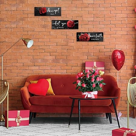 3 Pcs Red Decor Flower Inspirational Wooden Wall Art Red Roses Decor Office Wall Decor with Accept Let Go Have Faith Positive Quotes for Girl Women Bathroom Living Room Bedroom(Red Rose12 x 4 Inch)