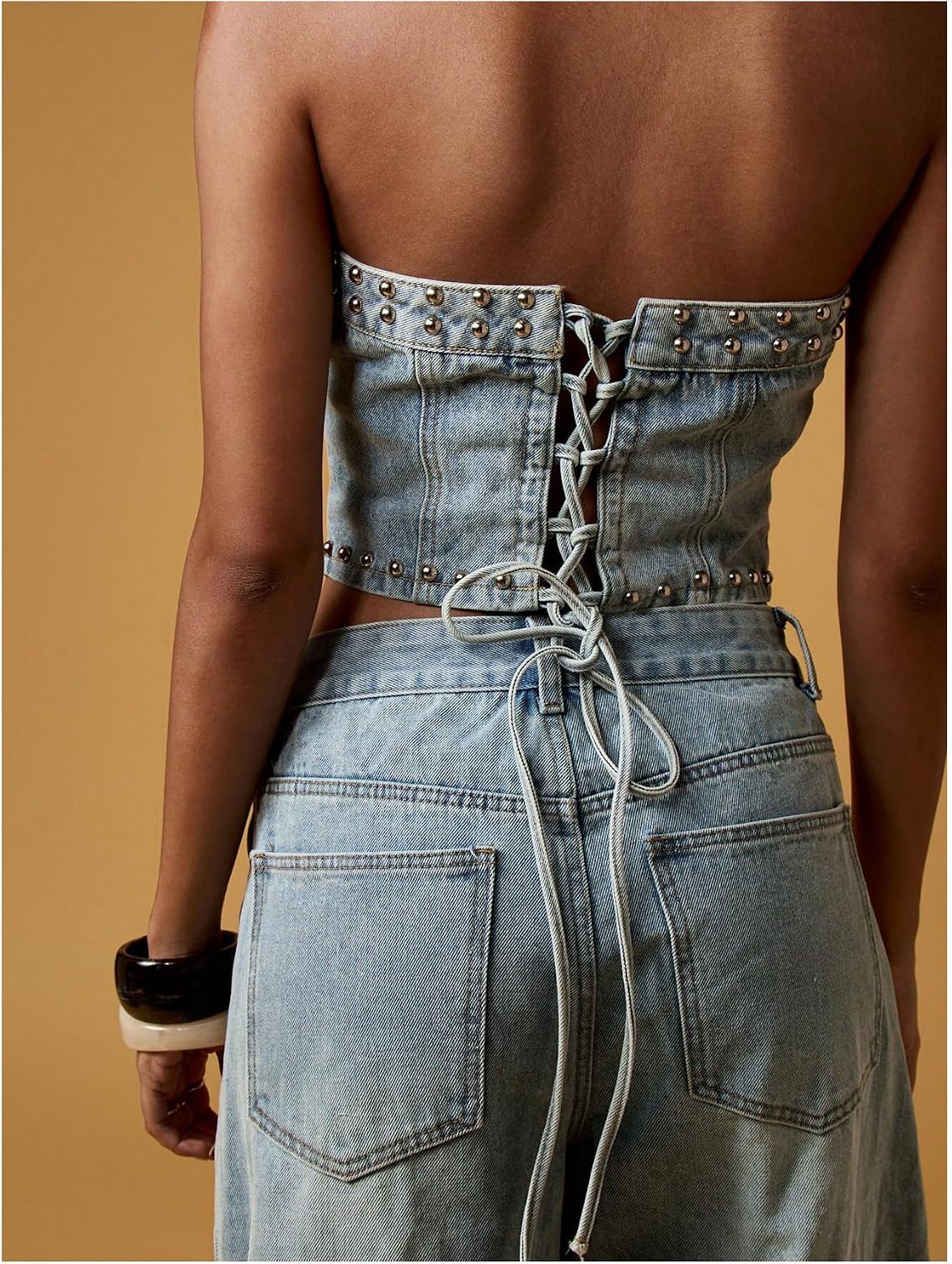 Women's Studded Denim Tube Top Lace Up Strapless Summer Y2K Bandeau Shirt
