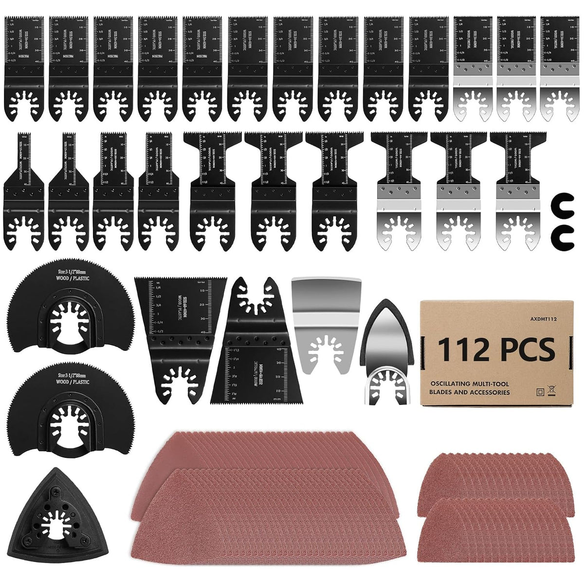 112Pcs Oscillating Saw Blades Quick Release Oscillating Multitool Blades with Sandpapers Universal Oscillating Tool Accessories for Cutting Metal/Wood/Plastic, Compatible with Most Brands