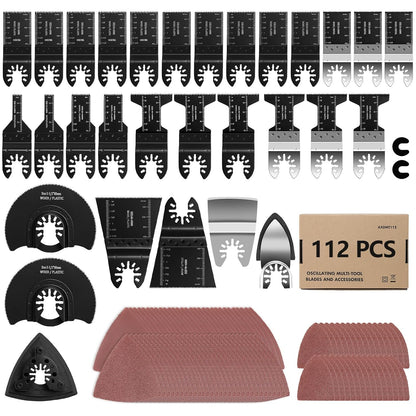 112Pcs Oscillating Saw Blades Quick Release Oscillating Multitool Blades with Sandpapers Universal Oscillating Tool Accessories for Cutting Metal/Wood/Plastic, Compatible with Most Brands