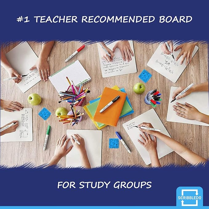 Scribbledo 12 Small White Board Dry Erase Boards Classroom Pack Mini White Boards 9"x12Au Double Sided Personal Whiteboards for Students Teachers School Supplies Lapboards Mini Whiteboard Erasers Incl