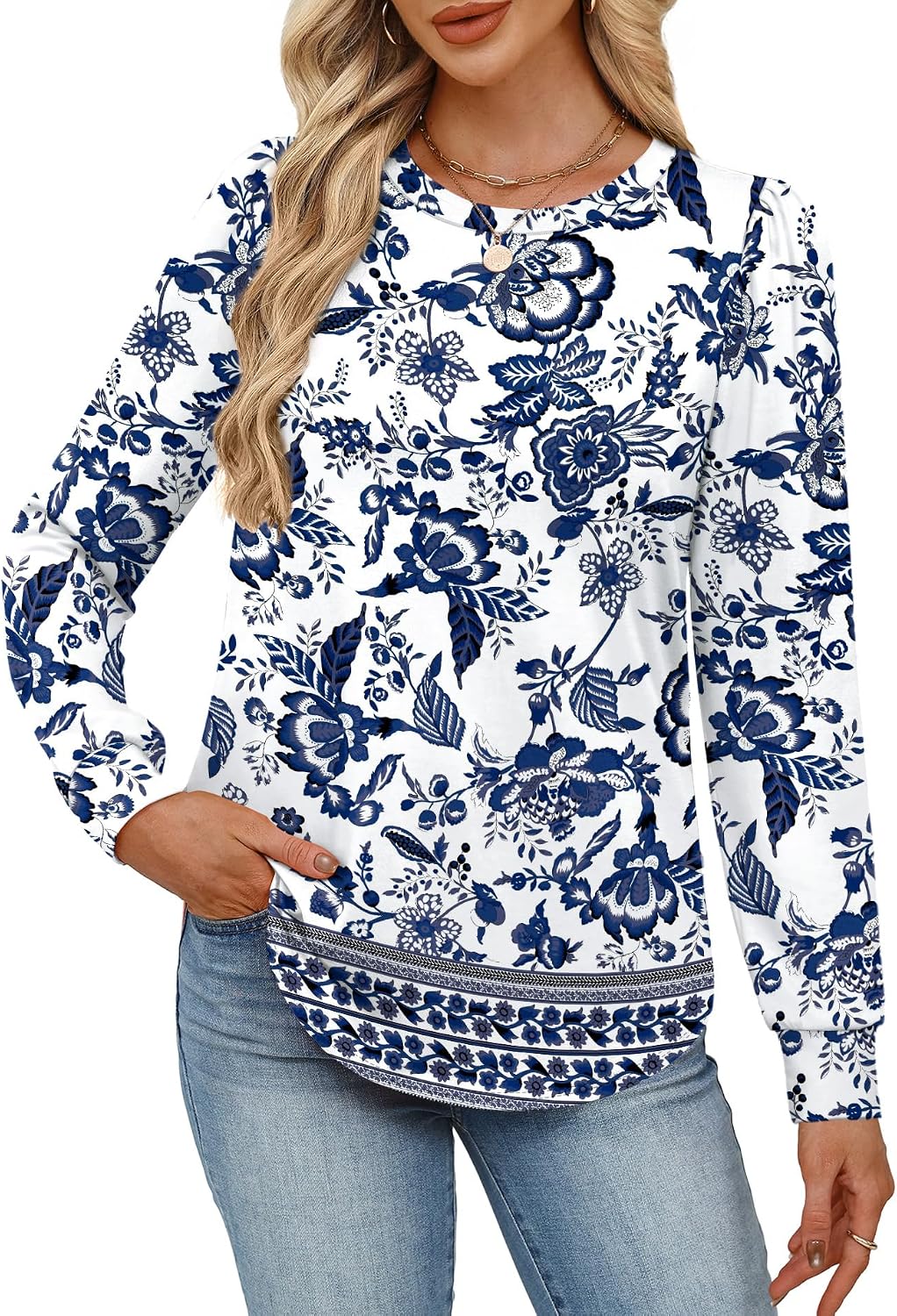 Womens Long Sleeve Shirts 2025 Fall Tunic Tops Crewneck Blouses Print