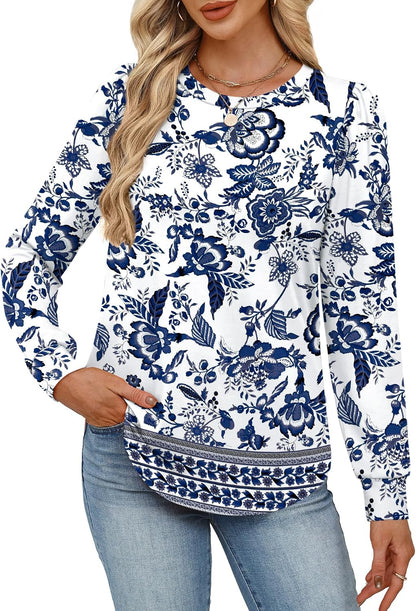 Womens Long Sleeve Shirts 2025 Fall Tunic Tops Crewneck Blouses Print