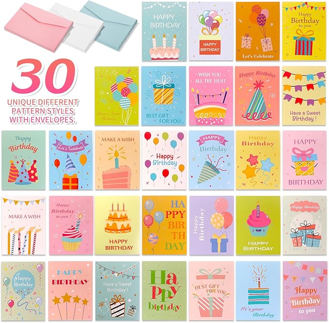 Birthday Cards Bulk - 30 PCS Unique Happy Birthday Gift Cards for Kids with Envelopes  Stickers, Birthday Greeting Cards For Women  Men, 30 Designs Gift Cards Birthday for Office, Family, Kids, Friends