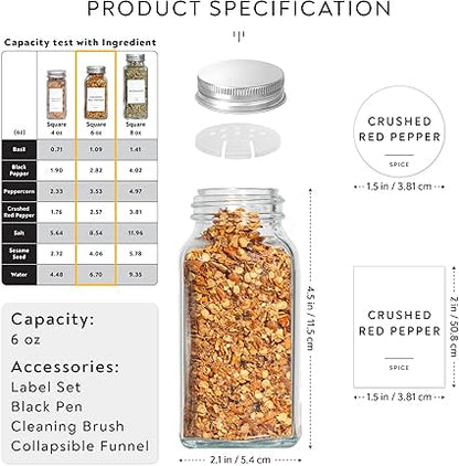 Laramaid 6oz 30Pack Glass Jars with Minimalist White Spice Labels, Shaker Lids Dispenser with Airtight Silver Metal Caps, Black Pen, Cleaning Brush  Collapsible Silicone Funnel