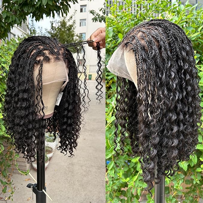 Braided Wig Human Hair Full Lace Boho Box Braids Wig Knotless 300Density Pre Plucked With Curly Ends Goddess Glueless Transparen Lace Wigs For Women Natural Color 12 Inch