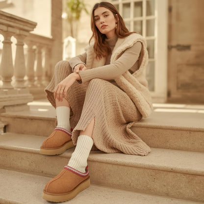 Genuine Suede Platform Slippers for Women Fuzzy Winter Warm Shoes Indoor Outdoor