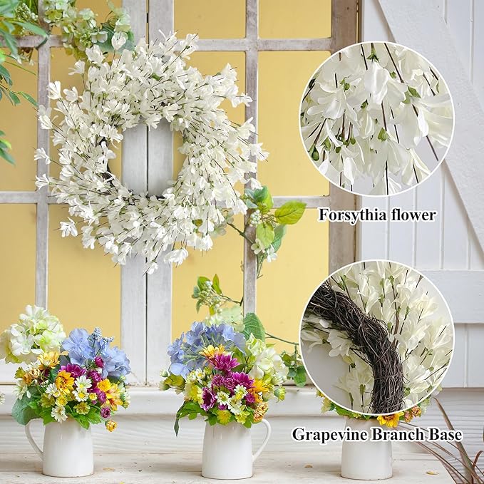Summer Wreath for Front Door, 24 Inch White Cream Forsythia Summer Spring Wreath Blossom Cluster Flower Farmhouse on Grapevine for Christmas Festival Celebration Front Door Wall Window Hanging Décor