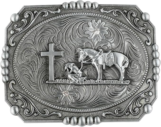 Prayer Cross  Horse Western Belt Buckle for Men, Zinc Alloy 3D Religious Cowboy Design, Antique Finish for Jeans Boots