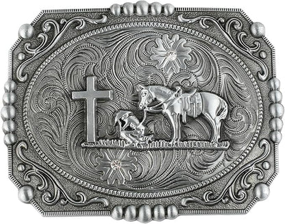 Prayer Cross  Horse Western Belt Buckle for Men, Zinc Alloy 3D Religious Cowboy Design, Antique Finish for Jeans Boots