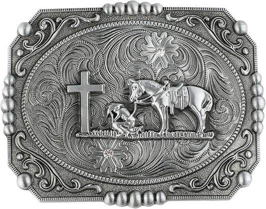 Prayer Cross  Horse Western Belt Buckle for Men, Zinc Alloy 3D Religious Cowboy Design, Antique Finish for Jeans Boots