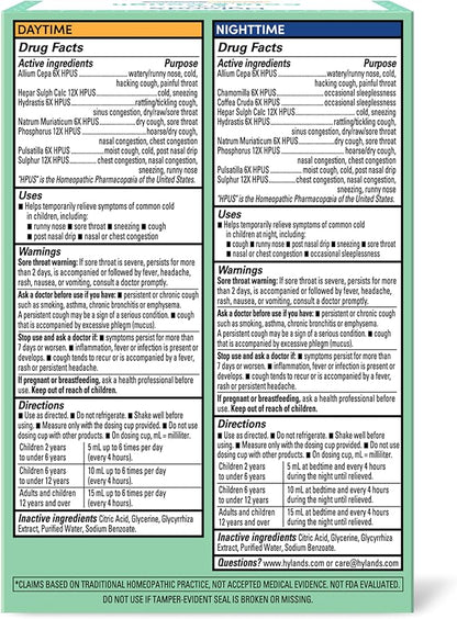 Hyland's Kids Cold and Cough, Day and Night Combo Pack, Cold Medicine for Ages 2 and up, Syrup Cough Medicine for Kids, Nasal Decongestant, 4 Fl Oz (Pack of 2)