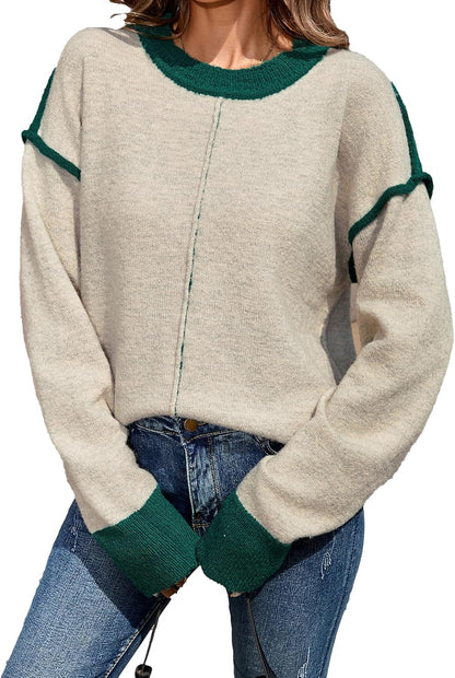 SunnyMelody Womens Oversized Cute Color Block Crew Neck Sweater 2025 Winter Long Sleeve Trendy Ribbed Knit Pullover Sweaters