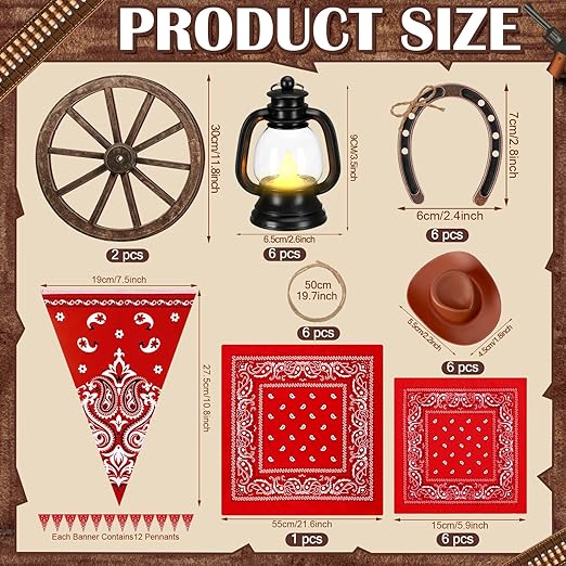 ROCEEI 40 Pcs Cowboy Theme Party Decoration Western Party Decor Rodeo Table Centerpieces Mini Cowboy Hats Lantern Carton Horseshoe Wheel Red Pull Flag Scarf Decorative for Adults Cowgirl Farm Party