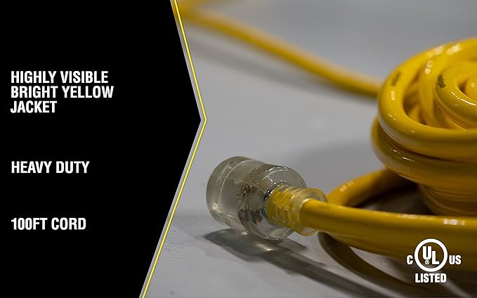 Yellow Jacket Extra Heavy Duty Extension Cord, 100Ft, 10 Gauge, 3 Conductor, Lighted End, Weather Resistant, SJTW, Yellow, 2806