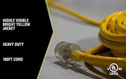 Yellow Jacket Extra Heavy Duty Extension Cord, 100Ft, 10 Gauge, 3 Conductor, Lighted End, Weather Resistant, SJTW, Yellow, 2806