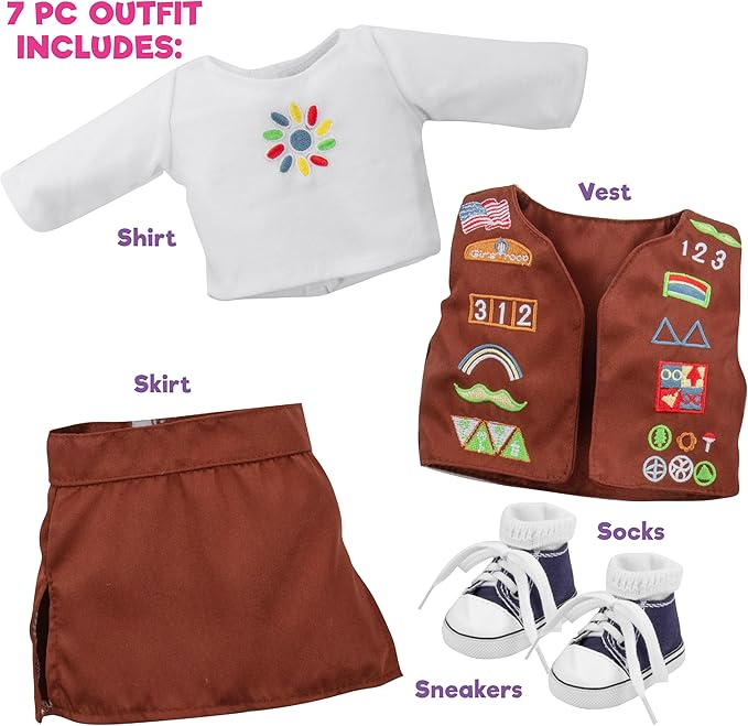 5pc Girls Troop Doll Outfit - 18" Doll Clothes  Accessories - Set Includes Shirt, Skirt, Socks, Sneakers,  Vest with Badges - Gifts for Girls