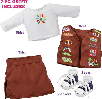 5pc Girls Troop Doll Outfit - 18" Doll Clothes  Accessories - Set Includes Shirt, Skirt, Socks, Sneakers,  Vest with Badges - Gifts for Girls