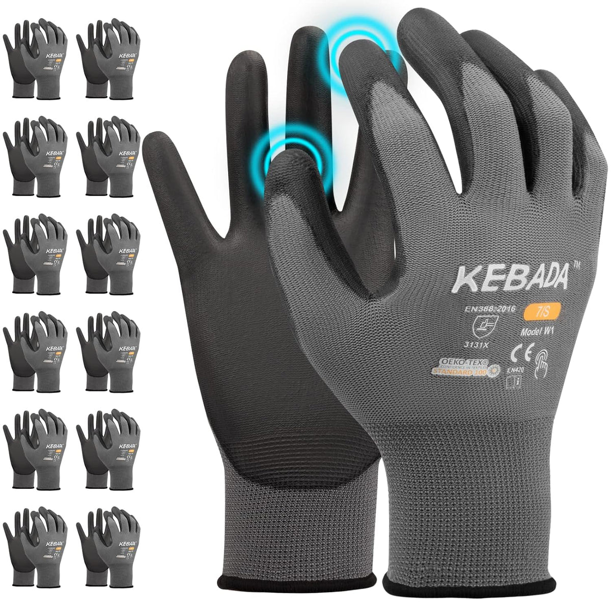 Kebada W1 Work Gloves for Men and Women, PU Coated Safety Gloves with Grip, Touchscreen, Ideal for Warehouse Package Handling, Construction, Gardening, 9 Pairs Gray Large