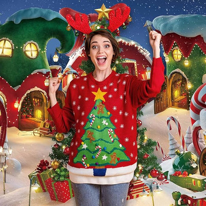 Funnytree 7x5FT Cartoon Christmas Village Photography Backdrop Winter Snow Pine Tree Background Xmas Fairy Tale Animated Kid Party Photo Booth Banner Supplies