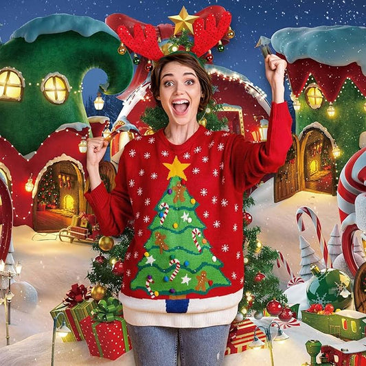 Funnytree 7x5FT Cartoon Christmas Village Photography Backdrop Winter Snow Pine Tree Background Xmas Fairy Tale Animated Kid Party Photo Booth Banner Supplies
